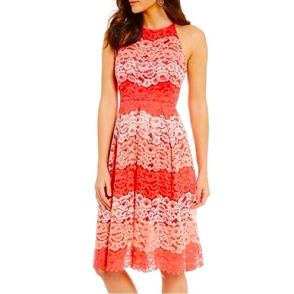 NWT BADGLEY MISCHKA PEGGY FLORAL OMBRÉ LACE HALTER PLEATED MIDI DRESS - Picture 1 of 6